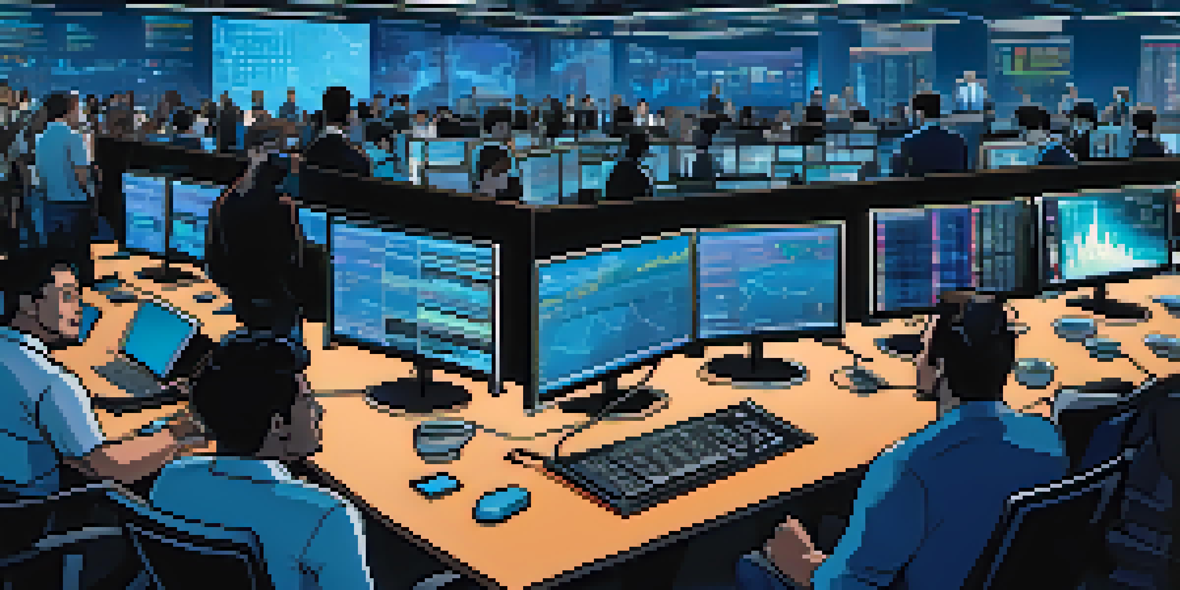 A lively cryptocurrency trading floor with traders observing price charts on glowing monitors.