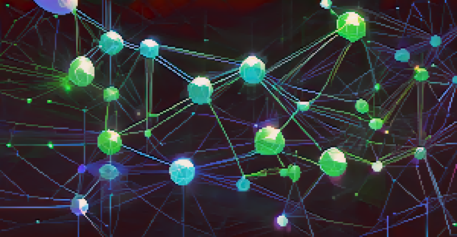 An abstract visualization of a blockchain network with glowing nodes and connections representing smart contracts.