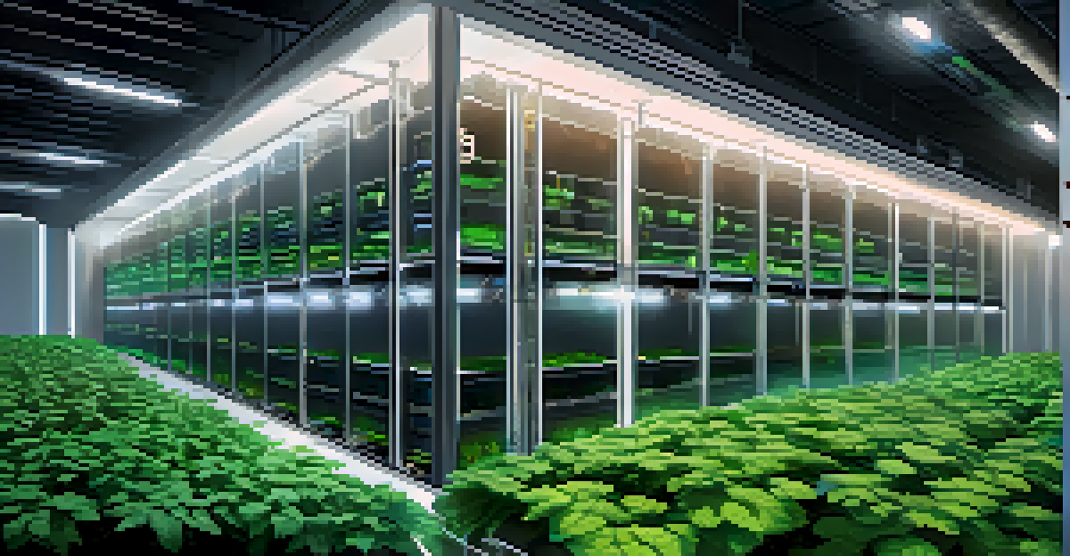 A modern Bitcoin mining farm with energy-efficient hardware, illuminated by LED lights and surrounded by greenery, representing innovation.