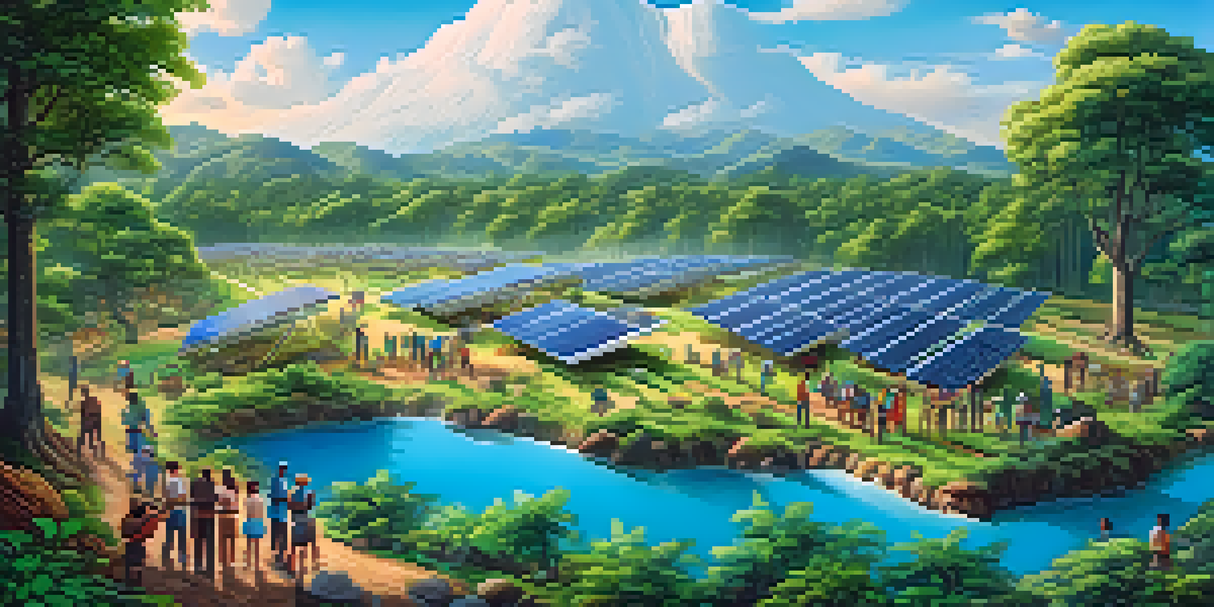 A sunny landscape with a solar-powered cryptocurrency mining facility and people planting trees.