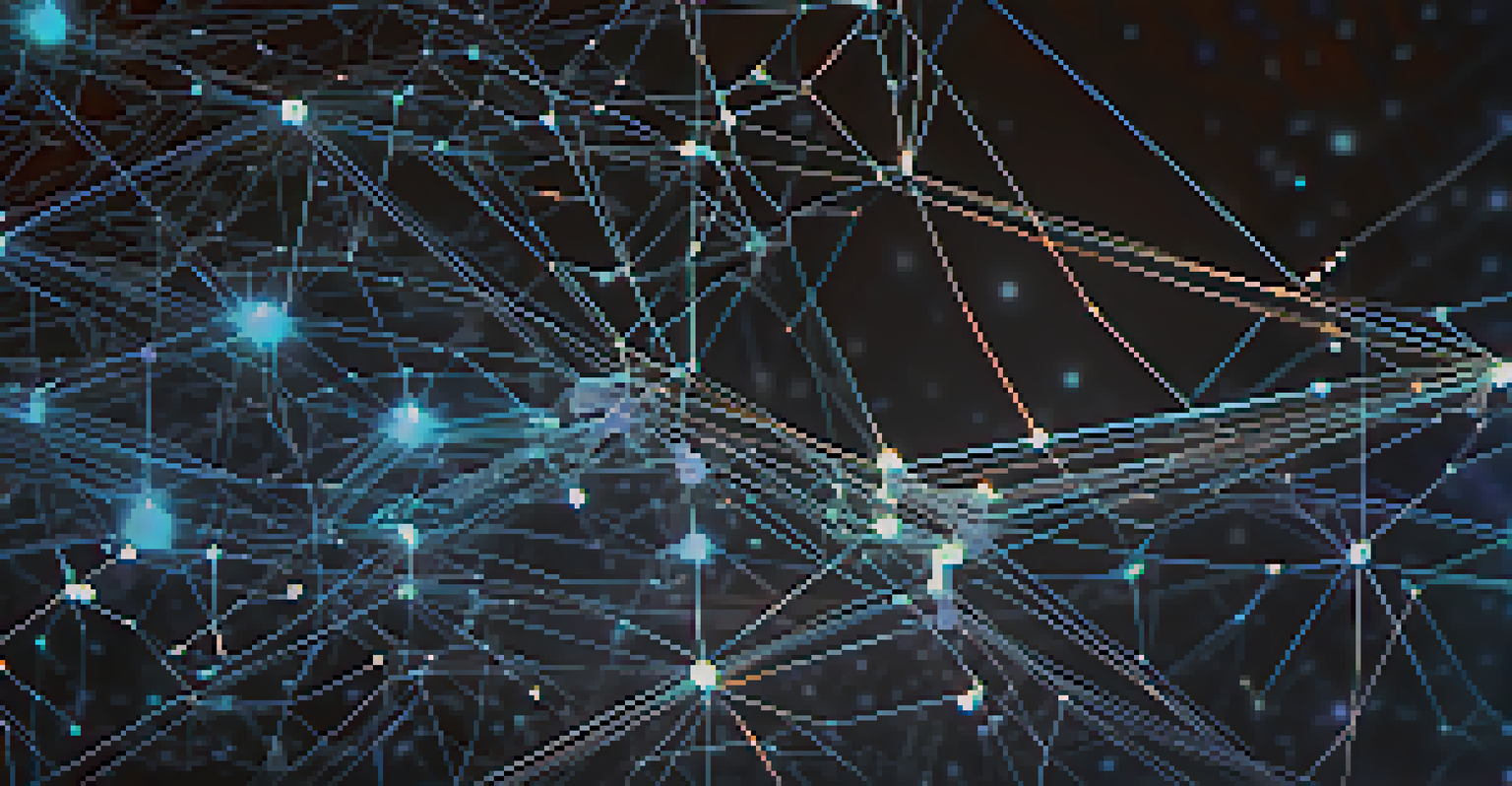 A close-up view of a blockchain network featuring glowing nodes and interconnected lines against a deep blue background.
