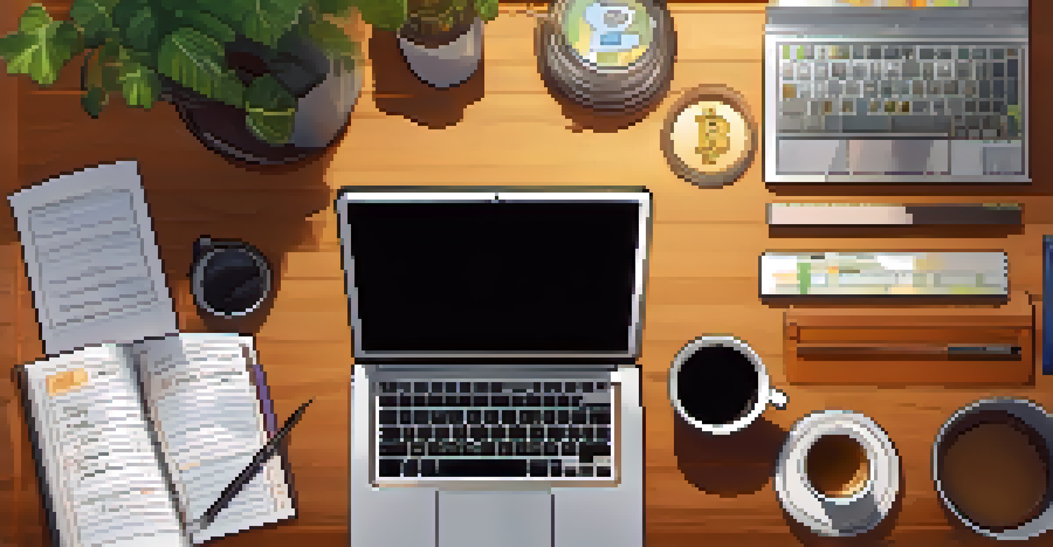 An overhead view of a desk with a laptop showing a cryptocurrency trading platform, surrounded by notes and a cup of coffee.