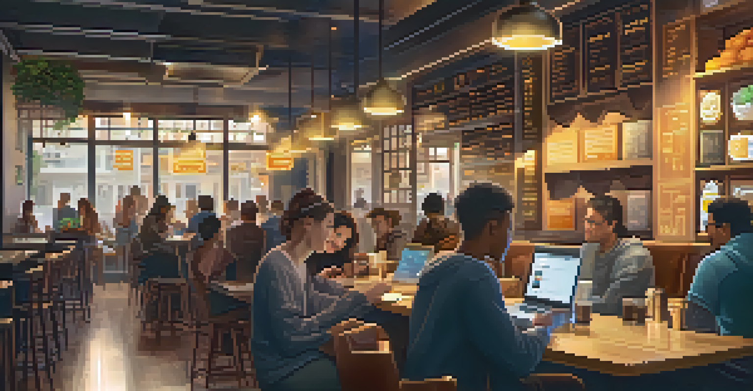 A young person in a lively café using a laptop for a cryptocurrency transaction, with a successful notification visible on the screen and warm ambient lighting.