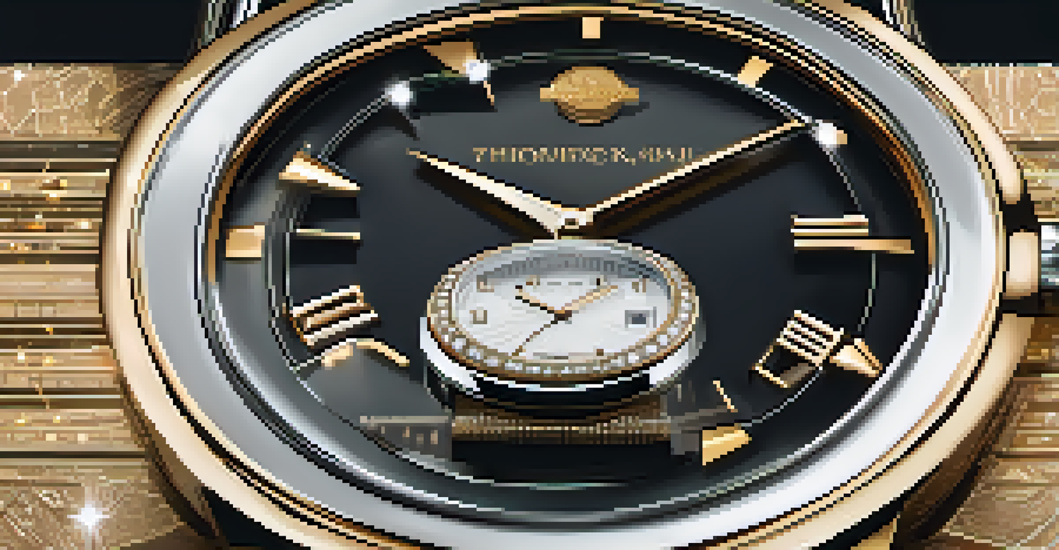 A luxury watch displayed in a boutique, with a hologram of a digital token above it, showcasing the integration of technology and luxury.