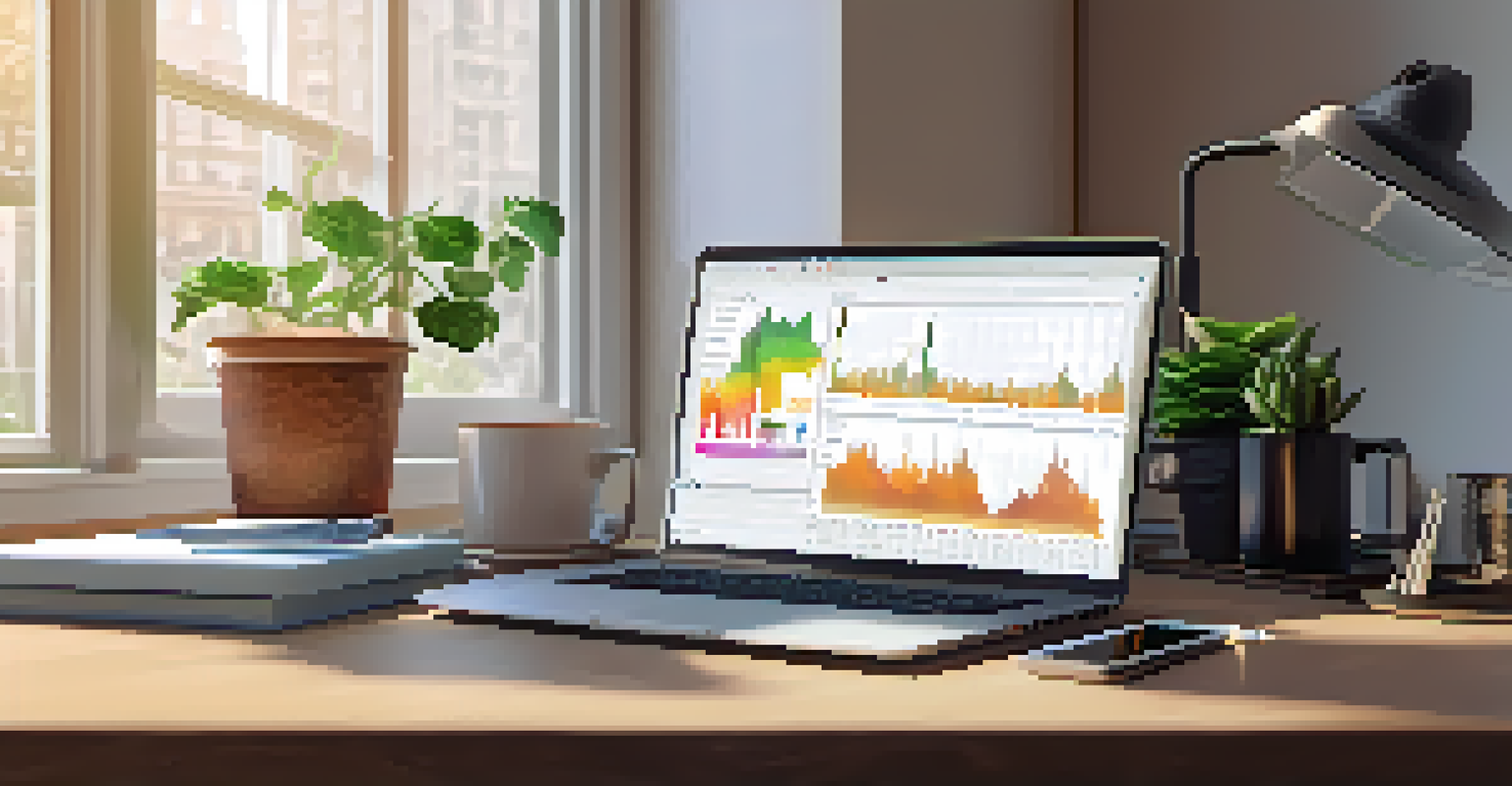 A workspace with a laptop showing a crypto chart, a notepad, a cup of coffee, and a plant, illuminated by warm morning light.