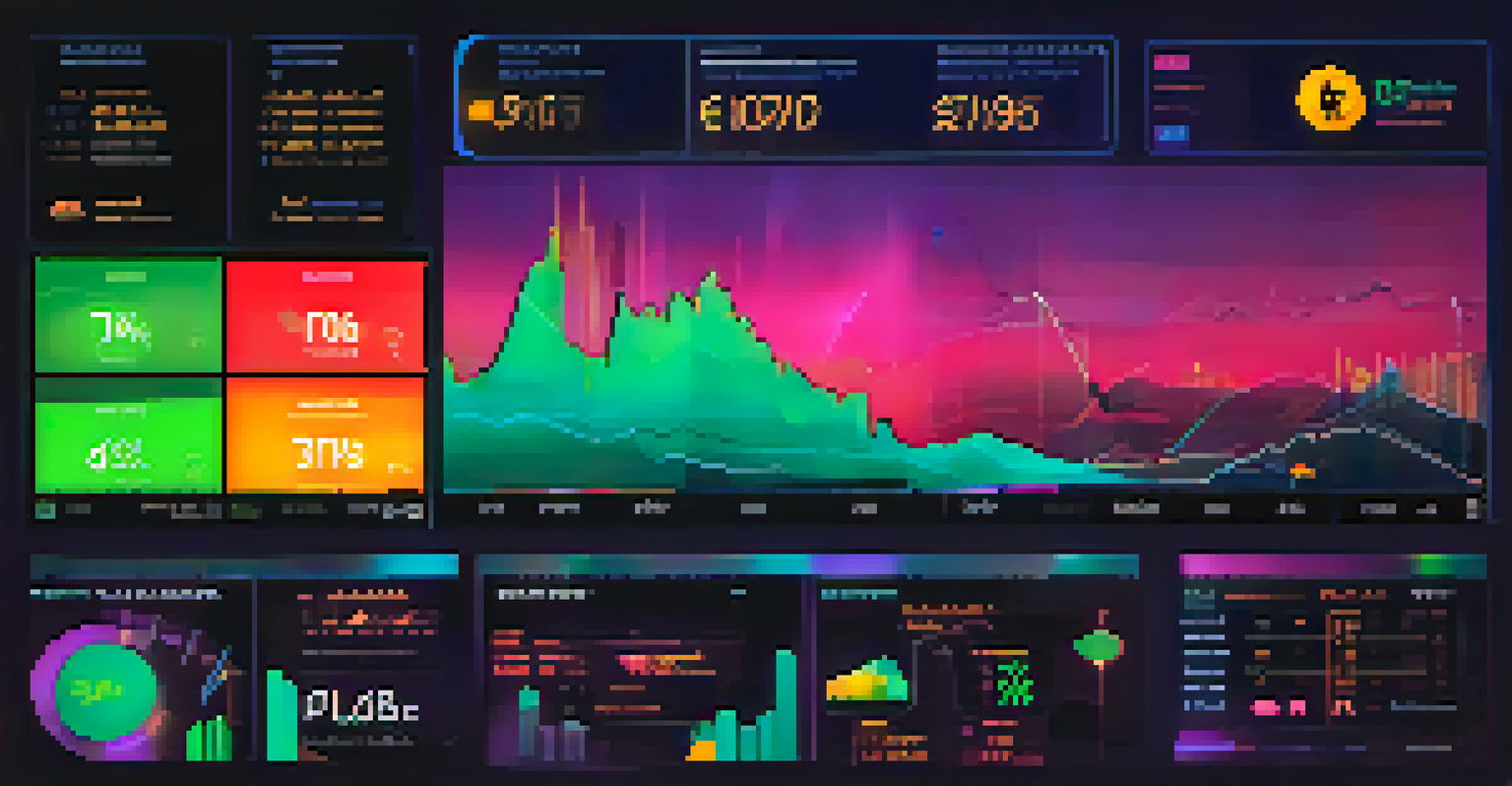 A digital dashboard displaying sentiment indicators and charts related to cryptocurrency trading, featuring vibrant colors and modern design.