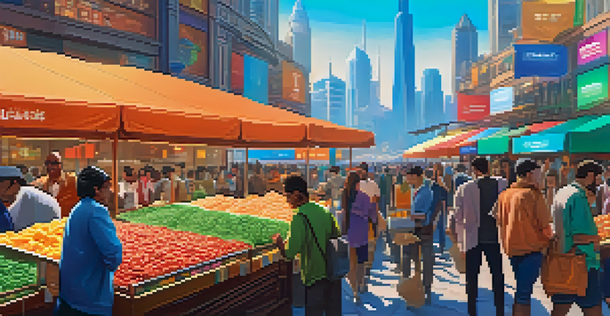 A colorful marketplace with people trading cryptocurrencies, featuring stalls with tokens and a modern city skyline in the background.