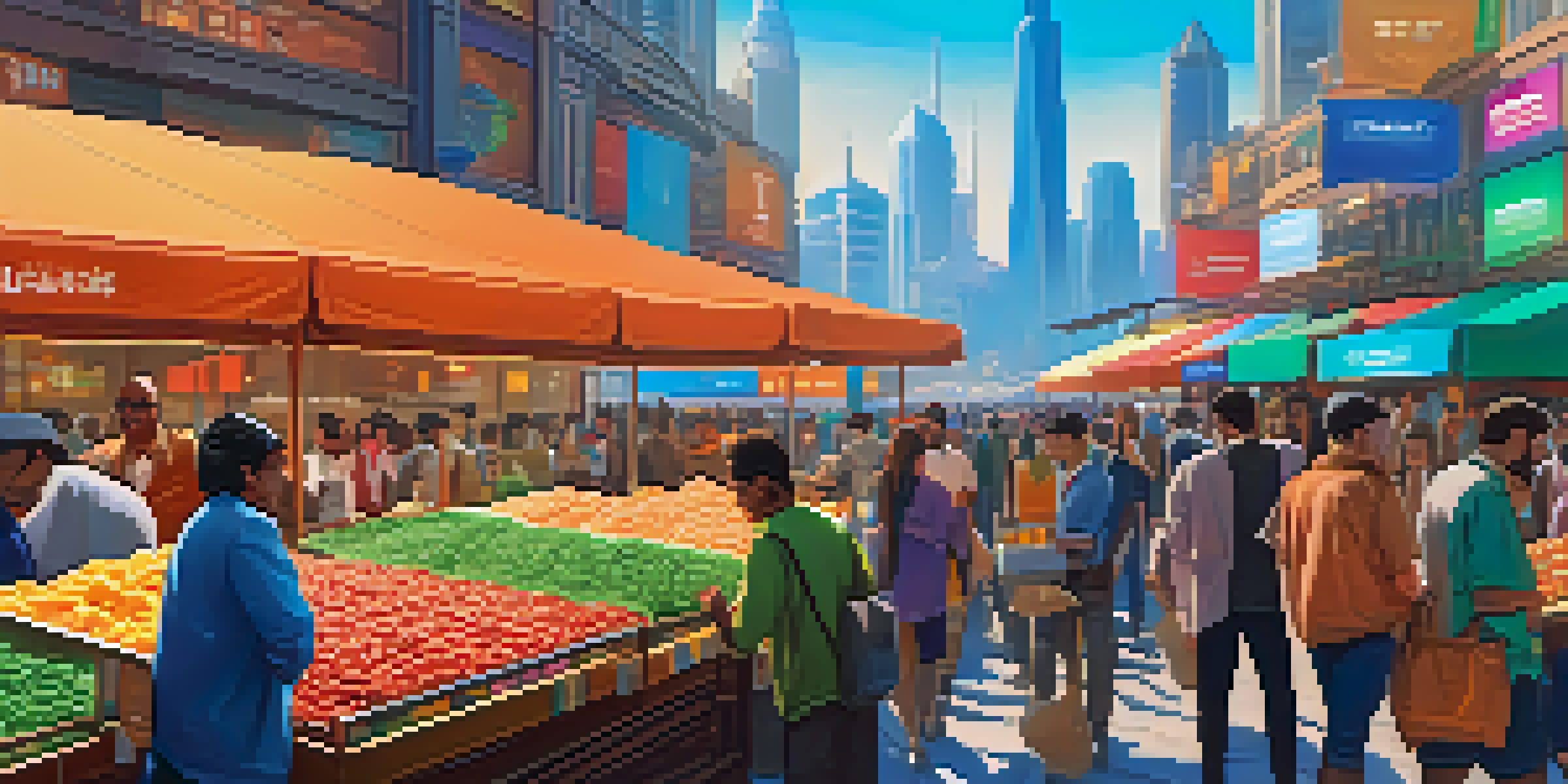 A colorful marketplace with people trading cryptocurrencies, featuring stalls with tokens and a modern city skyline in the background.