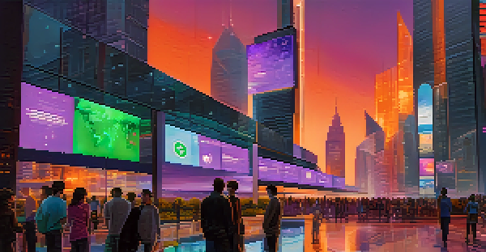 A futuristic city with skyscrapers and digital billboards showcasing cryptocurrency symbols, as people engage in digital transactions.