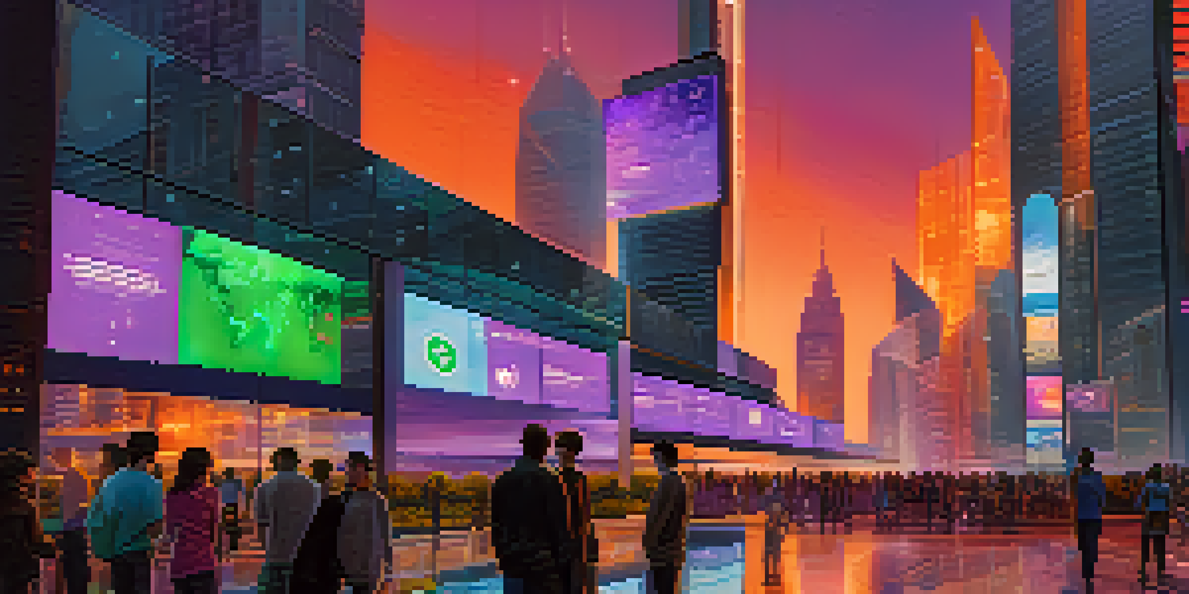 A futuristic city with skyscrapers and digital billboards showcasing cryptocurrency symbols, as people engage in digital transactions.