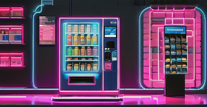 A futuristic vending machine displaying a digital interface and dispensing snacks, surrounded by animated visuals of smart contracts.