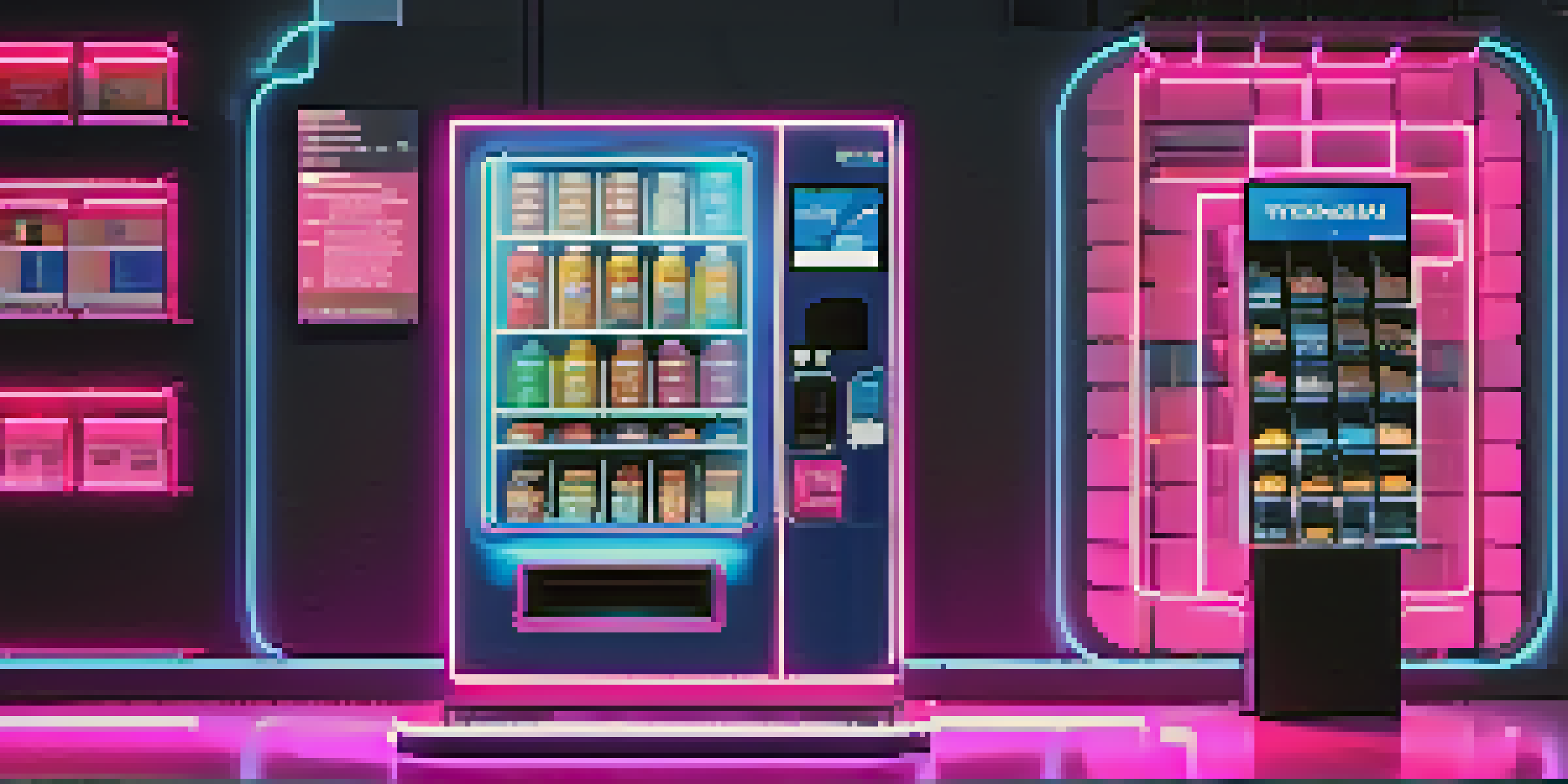 A futuristic vending machine displaying a digital interface and dispensing snacks, surrounded by animated visuals of smart contracts.