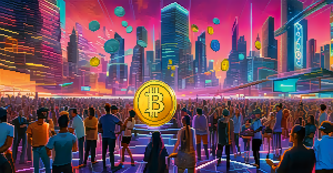 A vibrant cryptocurrency marketplace with floating altcoins and a futuristic city skyline, showcasing diverse investors engaged in discussions.