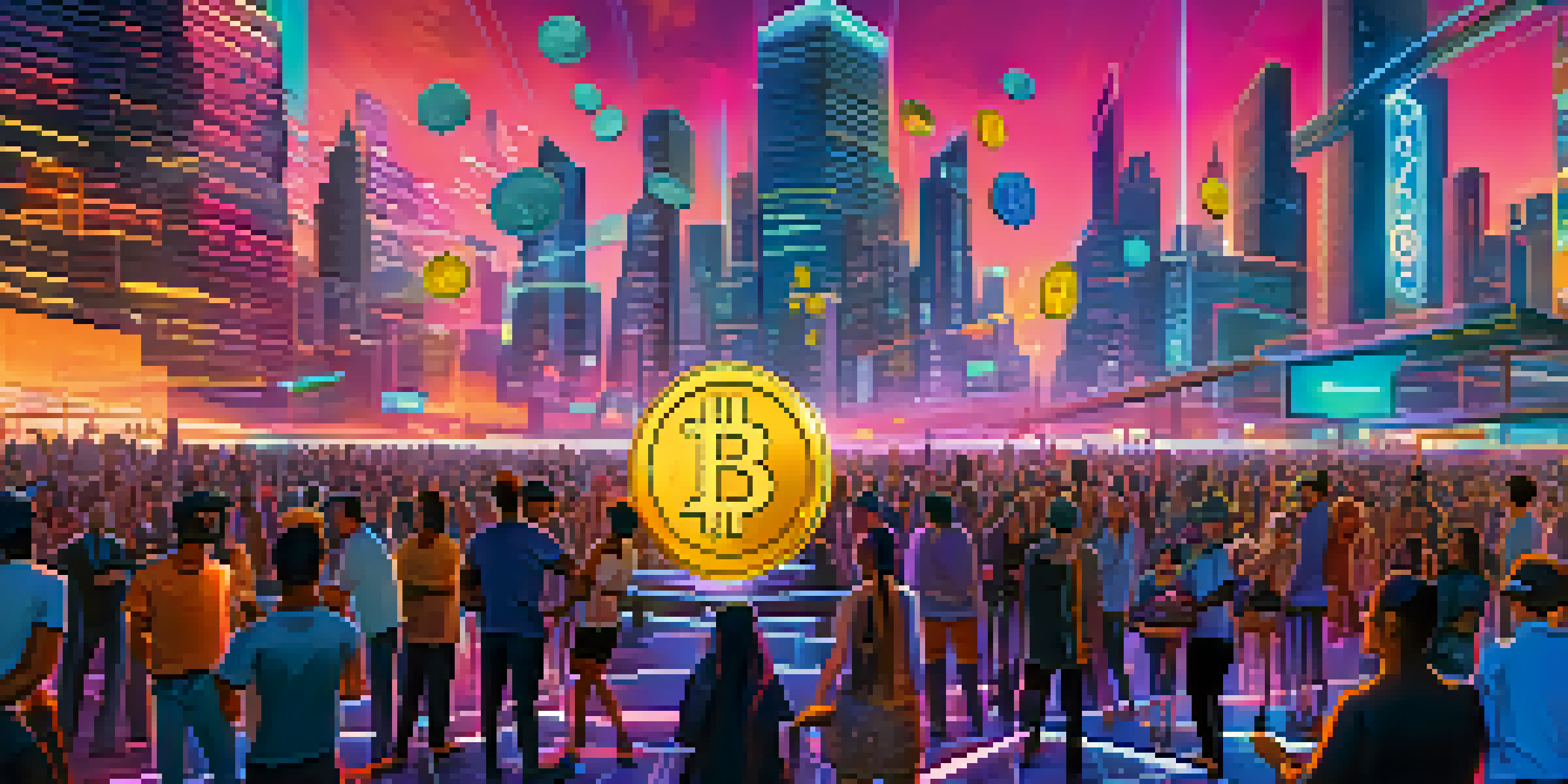 A vibrant cryptocurrency marketplace with floating altcoins and a futuristic city skyline, showcasing diverse investors engaged in discussions.