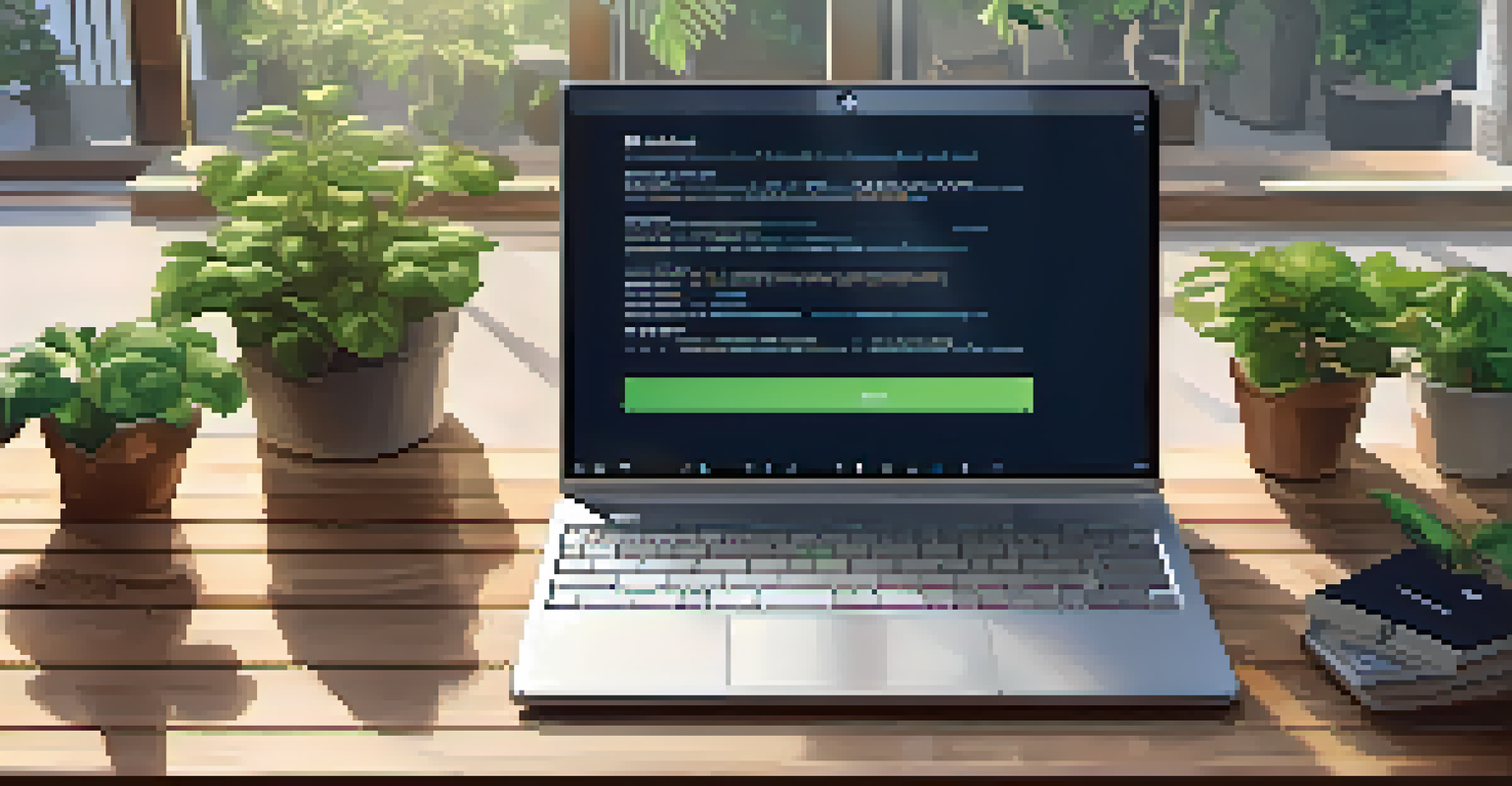 A laptop showing blockchain property records on a wooden table with sunlight and a potted plant.