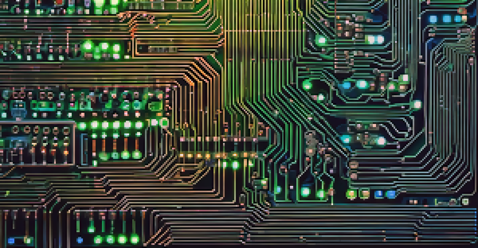 A close-up view of a circuit board with glowing LED lights, emphasizing intricate patterns and connections in a dramatic lighting.