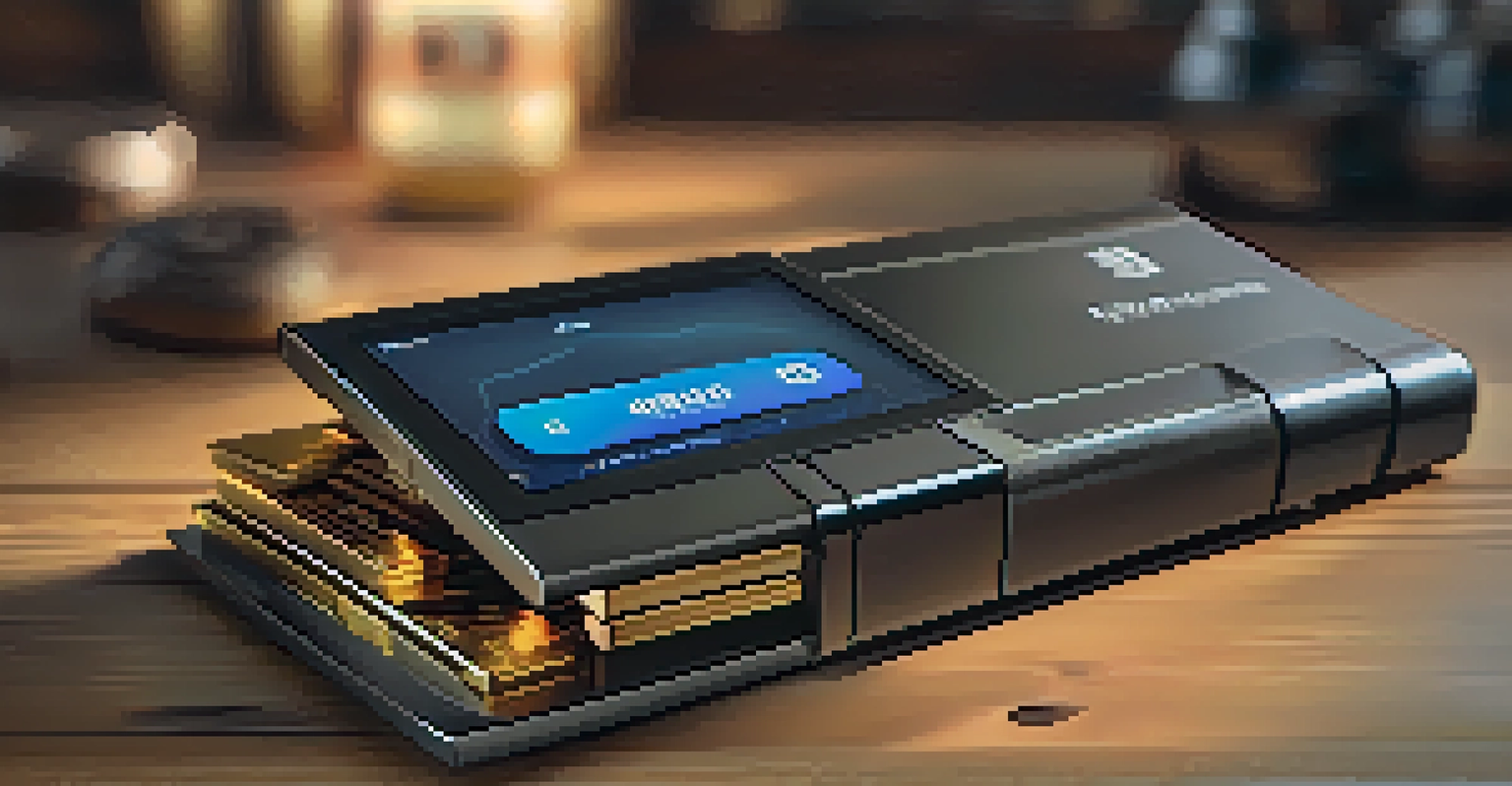 A close-up of a hardware cryptocurrency wallet on a wooden table, showing a digital balance, with coins and a smartphone blurred in the background.