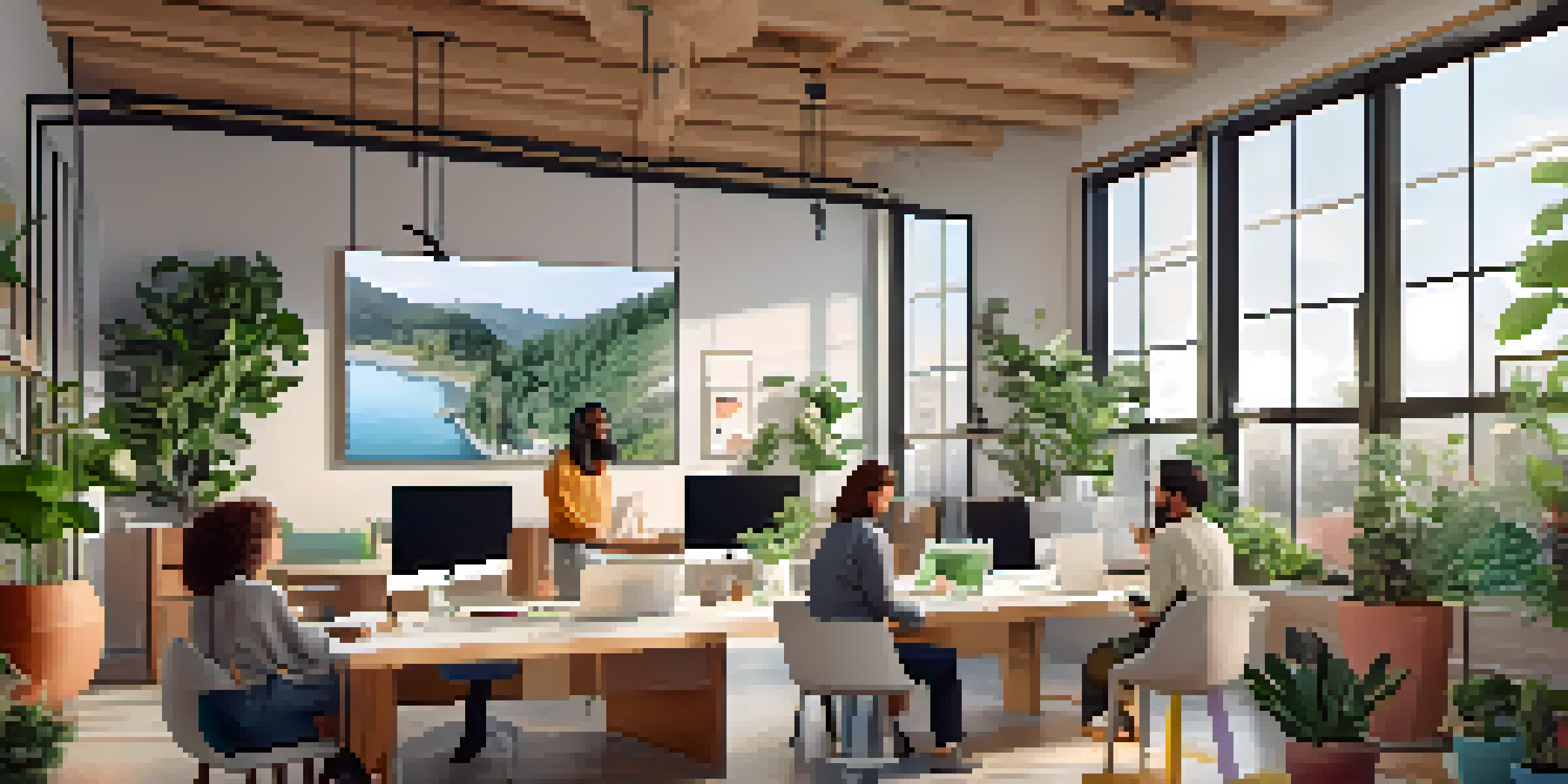 A bright and modern workspace with diverse remote workers collaborating through video calls, featuring laptops, plants, and minimalist decor.