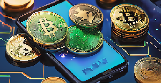 A smartphone displaying a digital wallet with cryptocurrencies, set against a futuristic background.