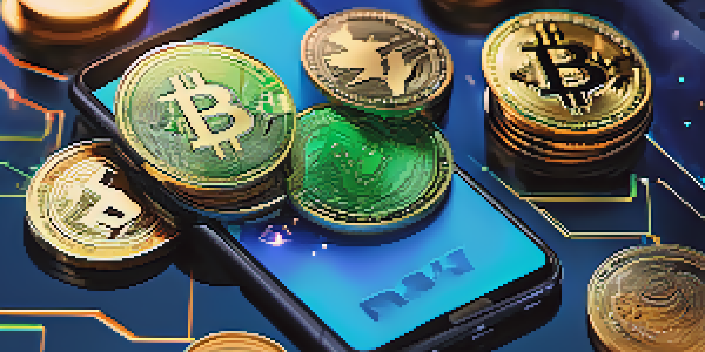 A smartphone displaying a digital wallet with cryptocurrencies, set against a futuristic background.