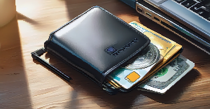 A close-up image of a hardware wallet on a wooden desk with physical cryptocurrencies and a laptop, illuminated by soft natural light.