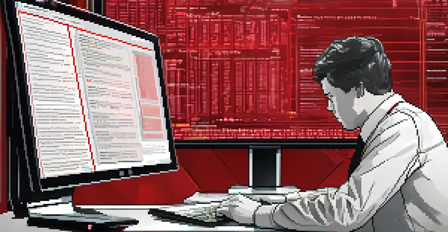 A close-up of a computer screen showing error messages in smart contract code, with a person analyzing the situation in a chaotic background.