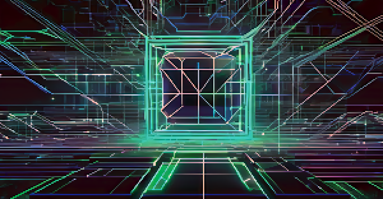 An abstract digital representation of blockchain technology with interconnected blocks and glowing lines.