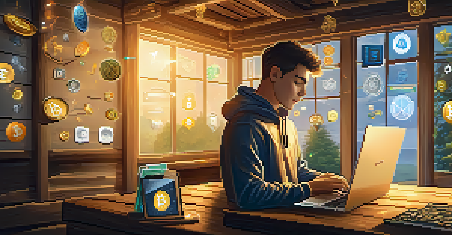 A young entrepreneur working on a laptop with cryptocurrency symbols, surrounded by handmade products.