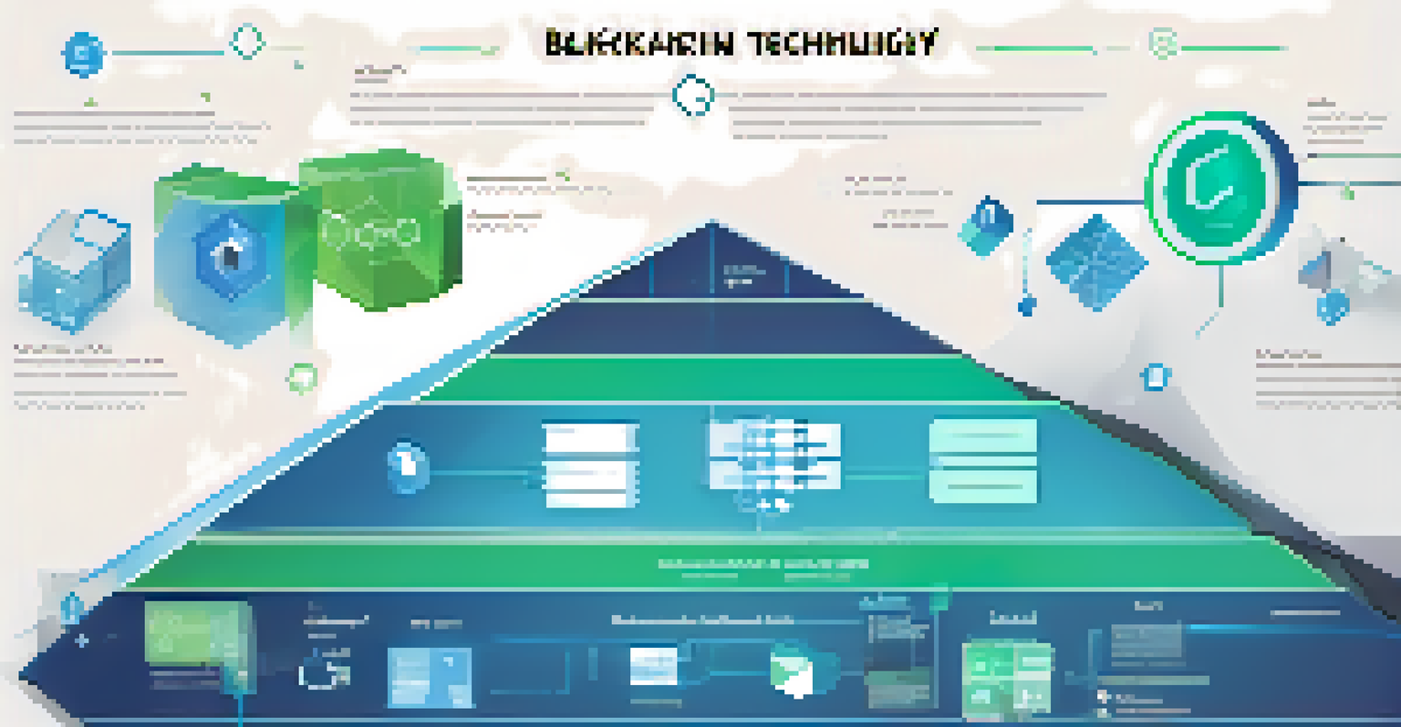 An infographic depicting blockchain technology with interconnected blocks and icons representing ownership.