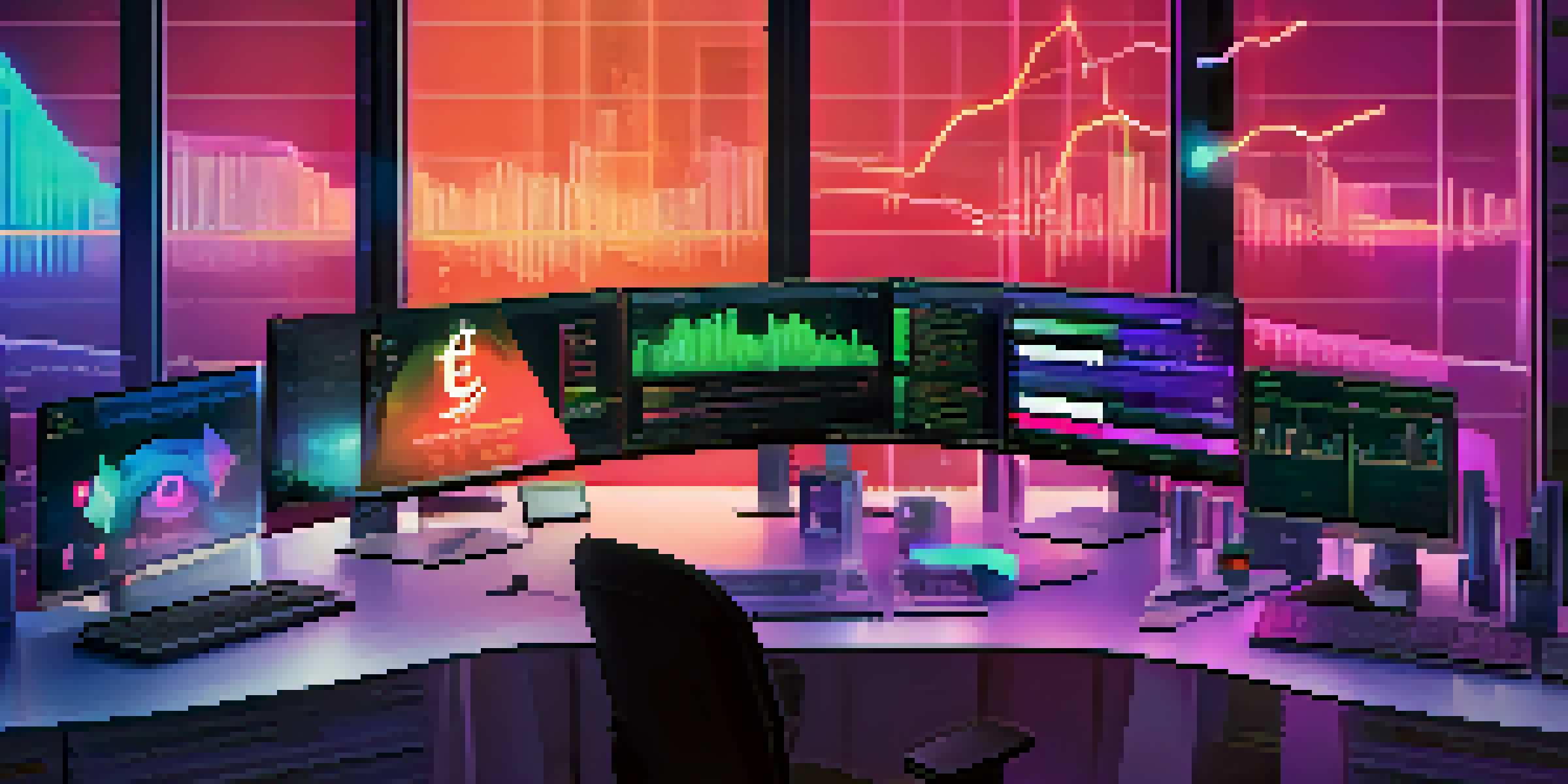A futuristic computer monitor displaying a colorful crypto exchange interface with graphs and charts in a modern office environment.