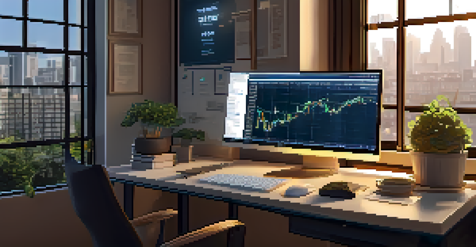 A workspace with a computer displaying cryptocurrency market analysis graphs, highlighting support and resistance levels in a softly lit environment.