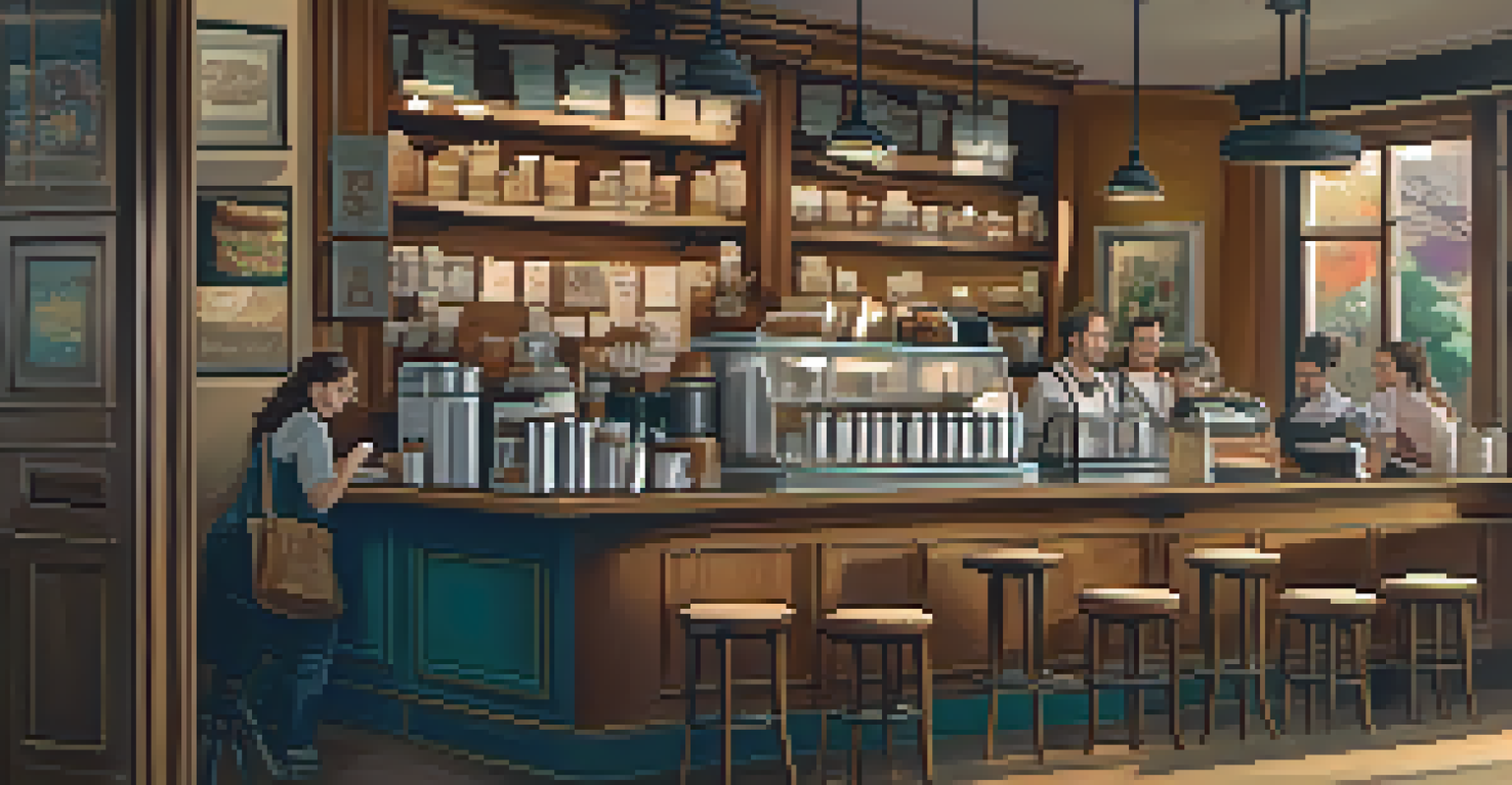 A cozy coffee shop with warm wood accents and a barista preparing coffee.