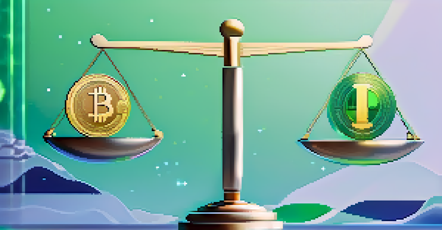 An abstract illustration of balancing scales with a digital coin and cryptocurrency icons against a gradient background.