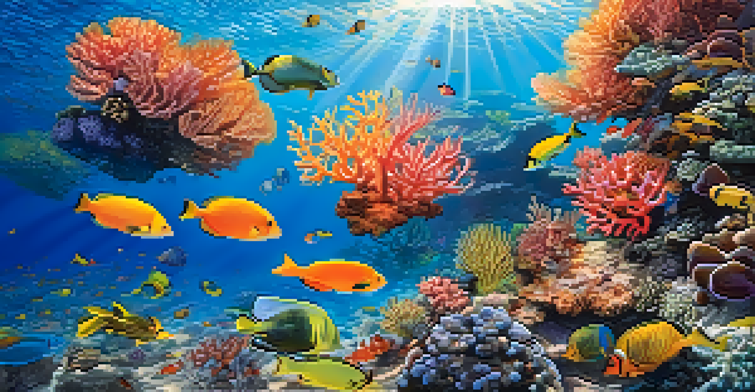 A vibrant underwater coral reef filled with diverse fish and colorful corals, illuminated by sunlight.