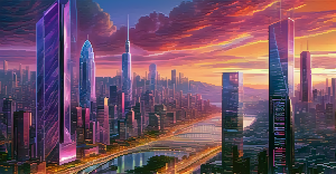 A vibrant city skyline at dusk with glass skyscrapers reflecting colorful lights and busy streets.