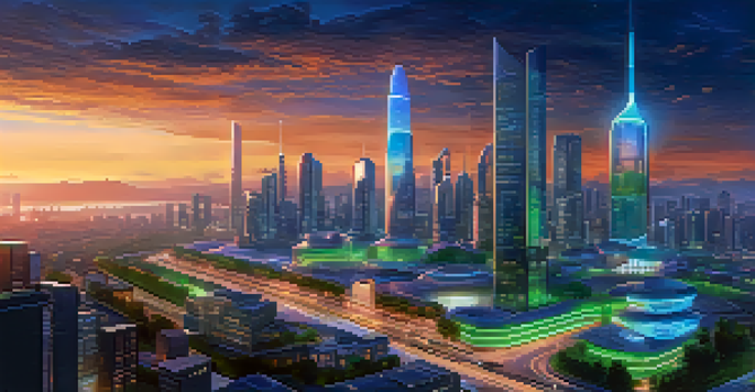 A vibrant skyline of a futuristic smart city at dusk, featuring modern buildings and greenery, with colorful lights and drones.