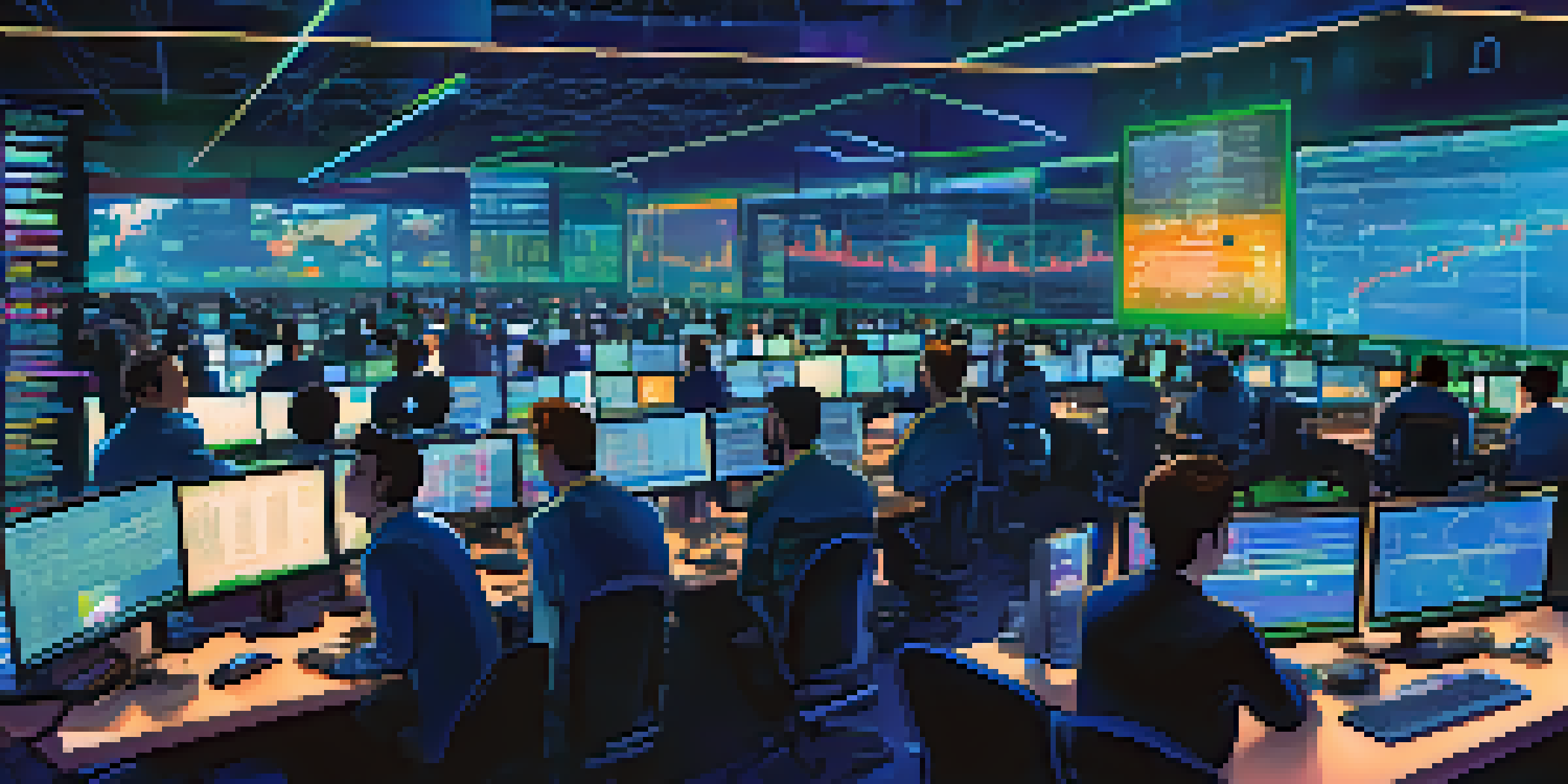A lively cryptocurrency trading room filled with traders and digital screens showing market data.