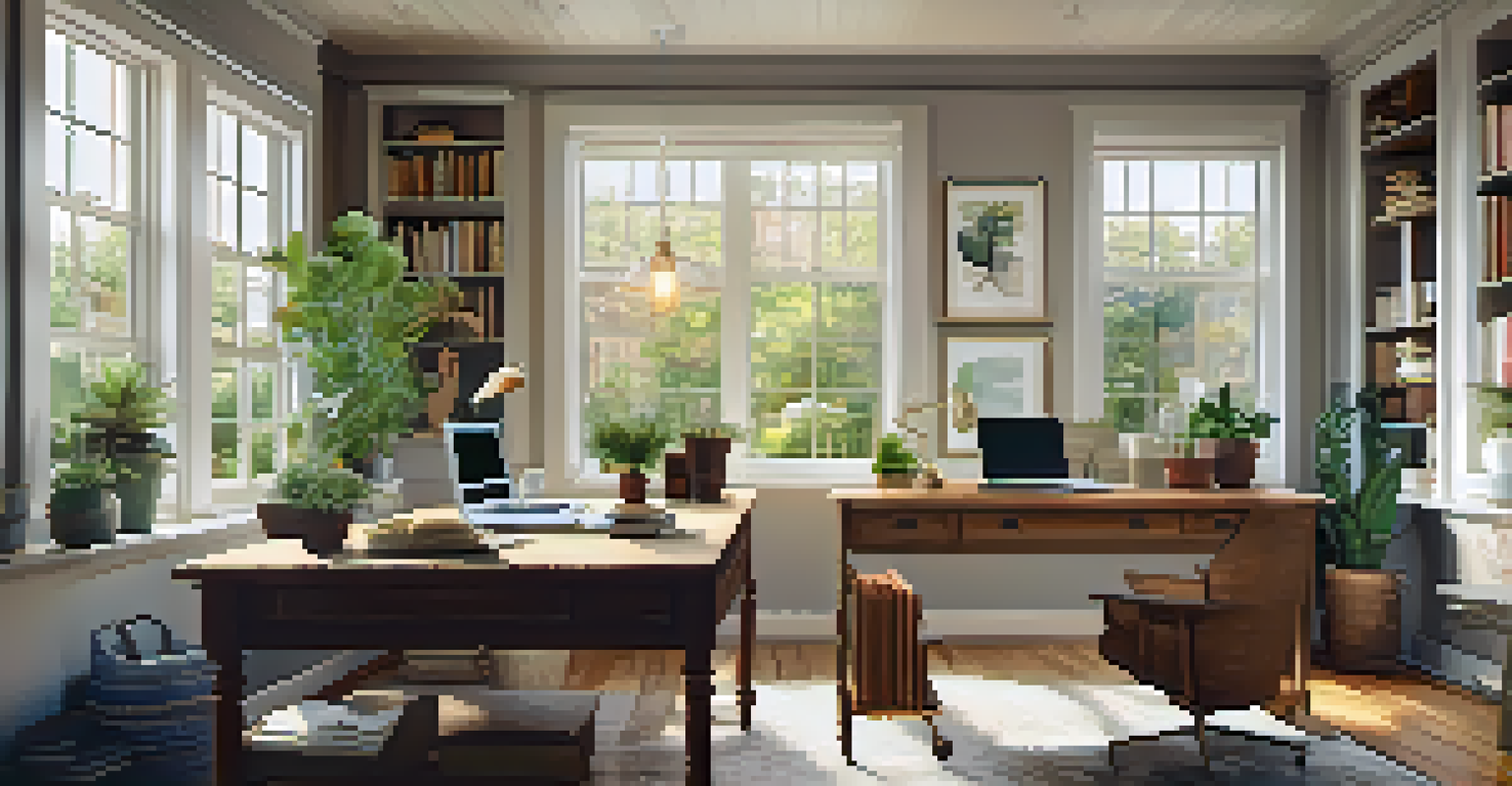 A cozy home office with a wooden desk, laptop, books, coffee, and potted plants in natural light.