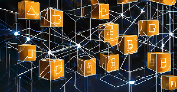 An abstract visualization of blockchain technology with interconnected glowing blocks and symbols representing contracts and security.