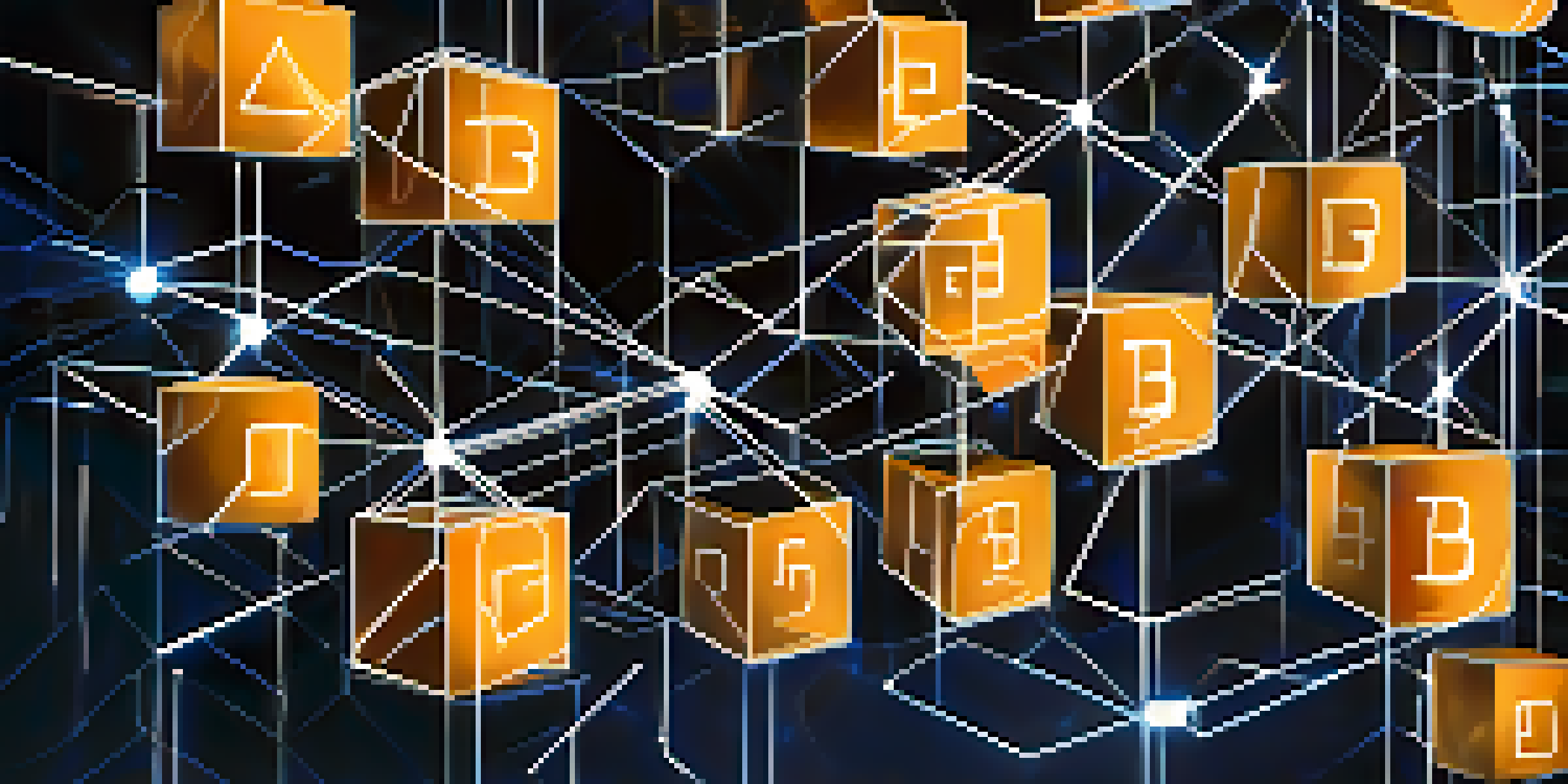 An abstract visualization of blockchain technology with interconnected glowing blocks and symbols representing contracts and security.