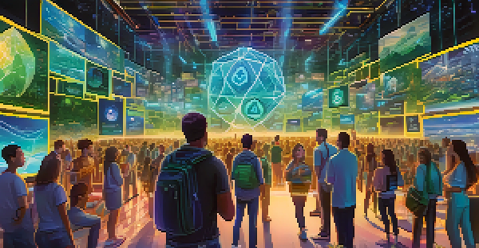 A colorful digital landscape illustrating a token economy with people interacting around holographic screens that show cryptocurrencies.