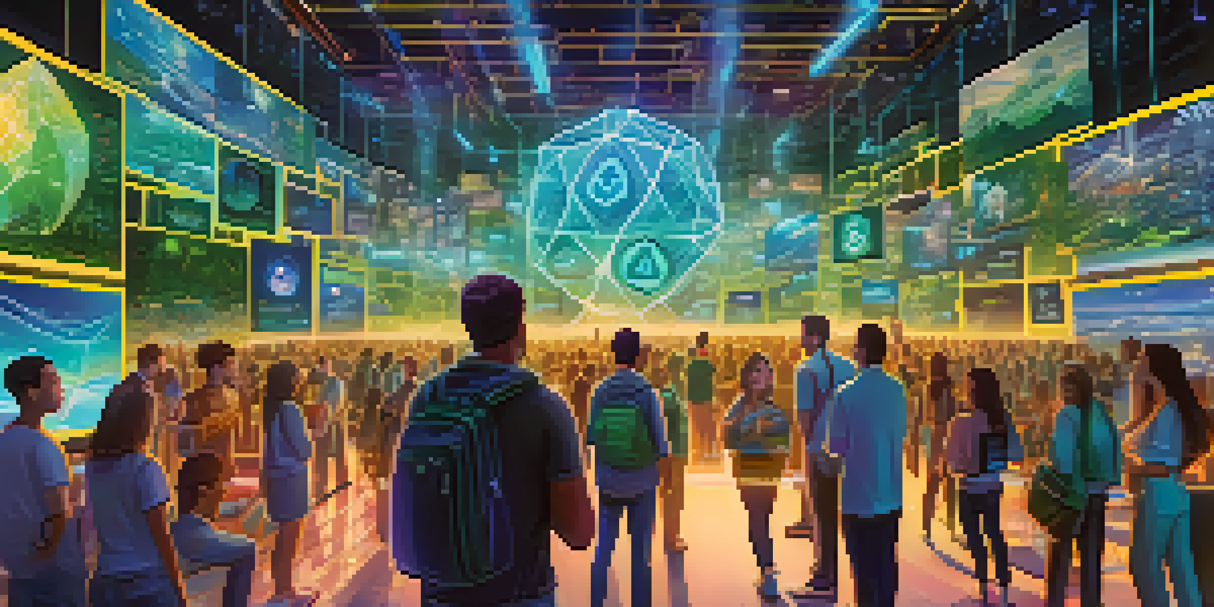 A colorful digital landscape illustrating a token economy with people interacting around holographic screens that show cryptocurrencies.