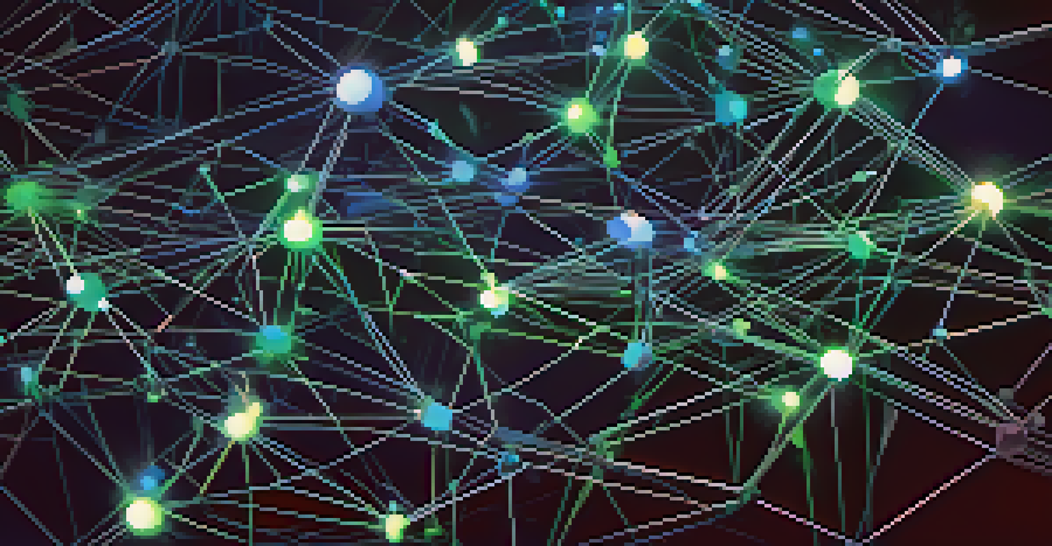 A close-up view of a blockchain network with glowing nodes and lines in blue and green against a dark background.