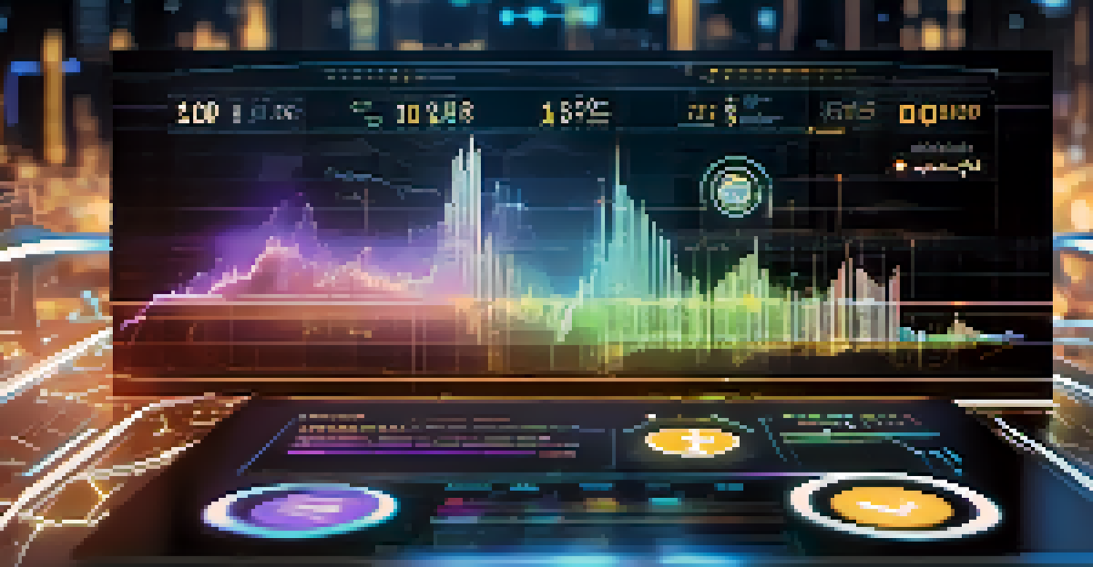 A digital interface showcasing cryptocurrency sentiment analysis tools with glowing charts and indicators in a futuristic design.
