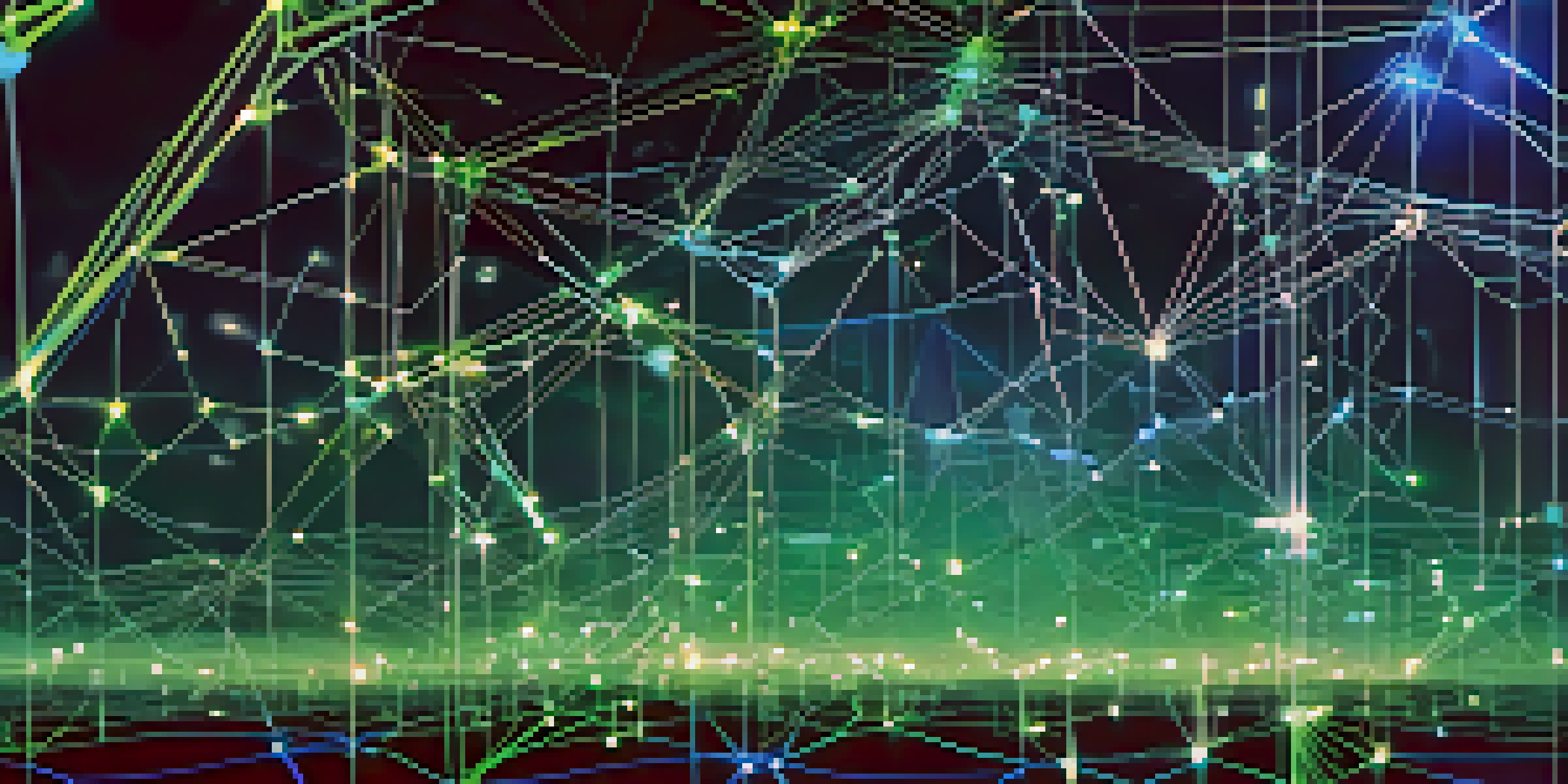 A detailed visualization of a blockchain network with interconnected nodes and chains, illuminated with blue and green lights against an abstract digital landscape.