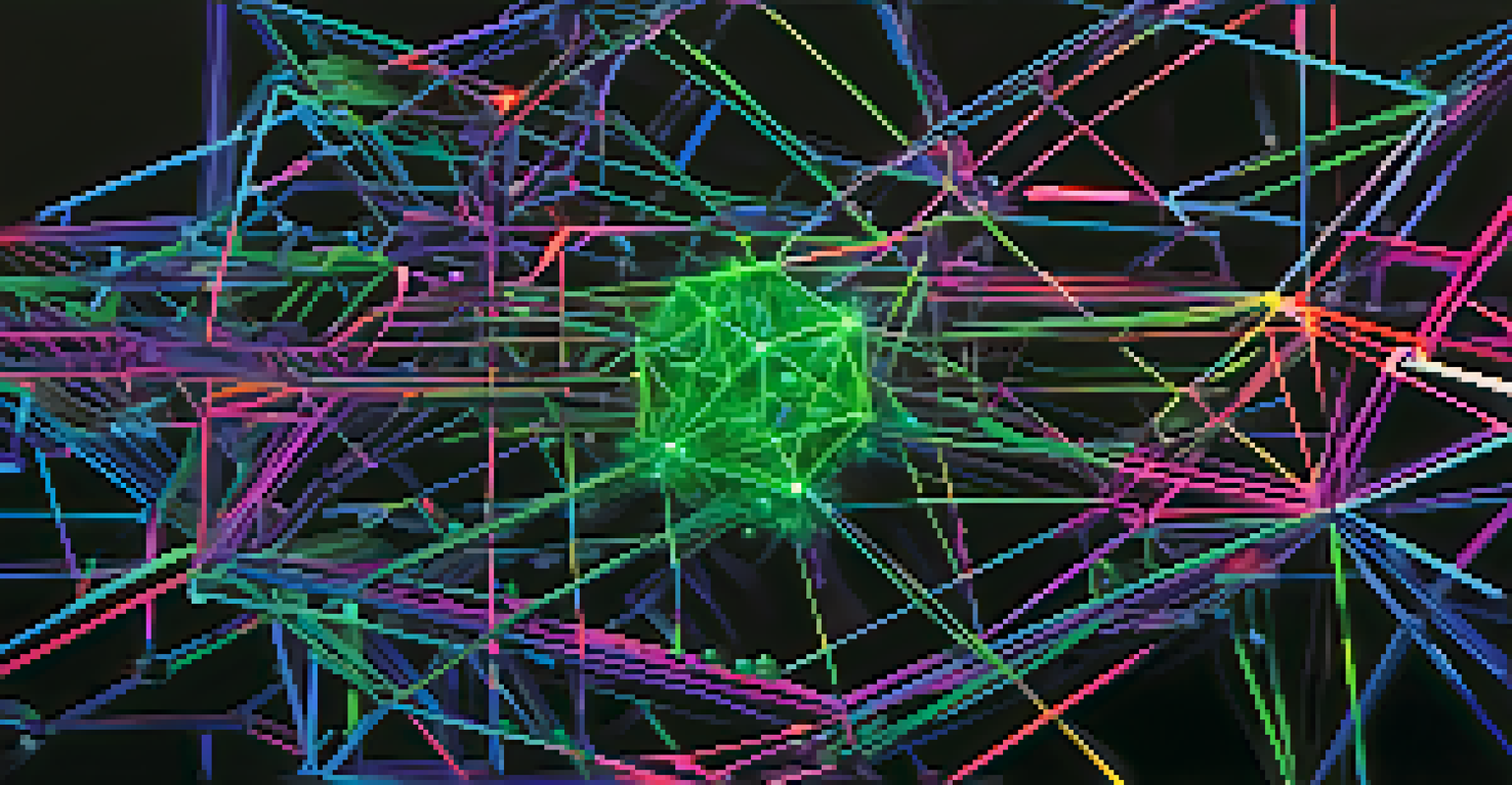 An abstract illustration of interconnected nodes representing blockchain technology, set against a dark background with vibrant colors.