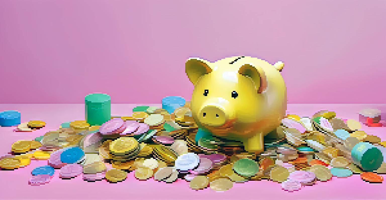 An abstract illustration of liquidity pools as a communal piggy bank filled with colorful tokens and digital assets flowing.