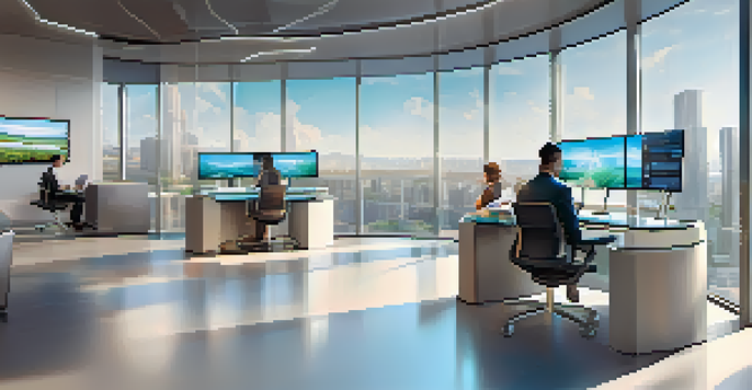 A modern real estate office with holographic displays and diverse professionals discussing blockchain technology.