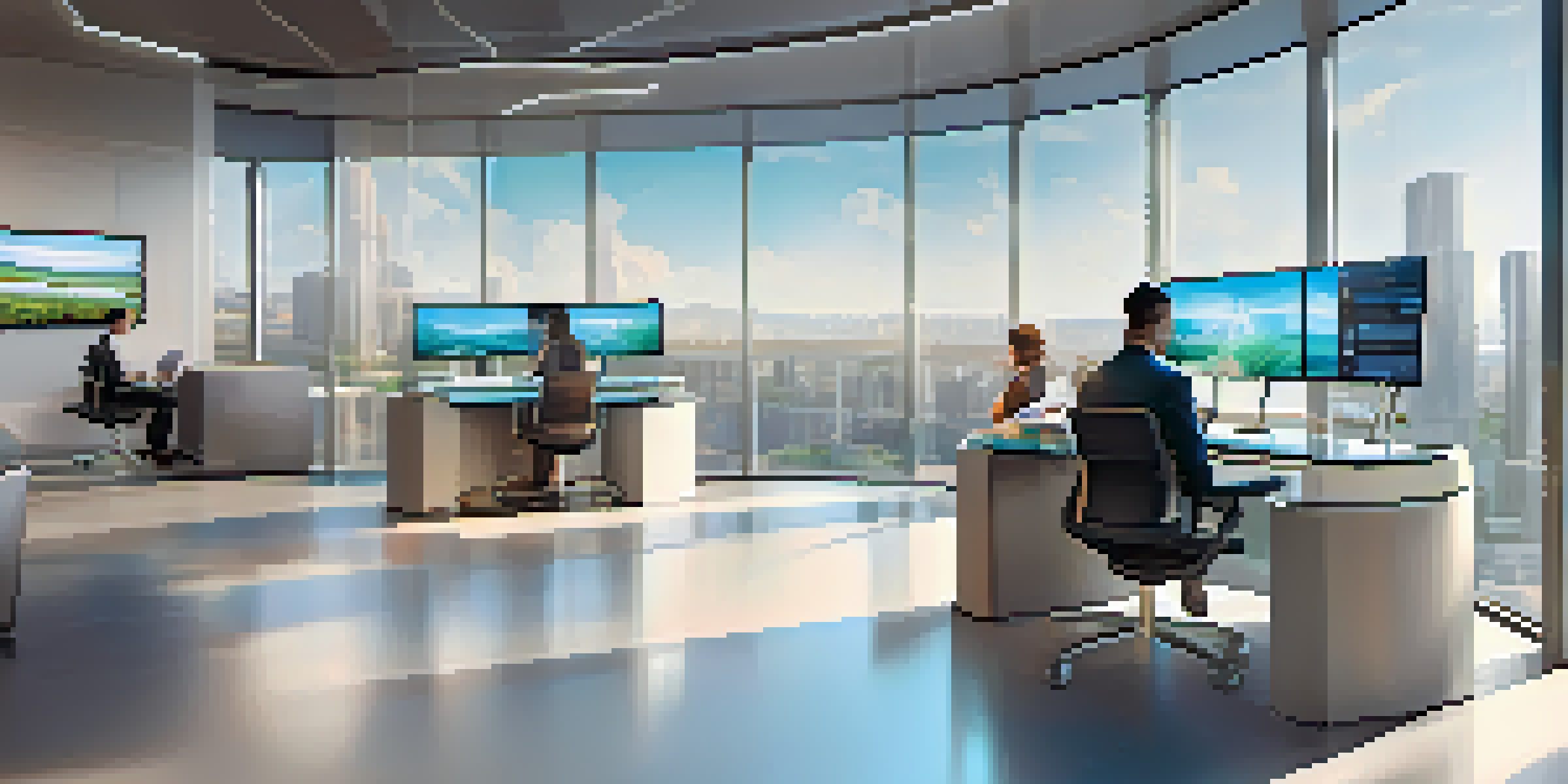 A modern real estate office with holographic displays and diverse professionals discussing blockchain technology.