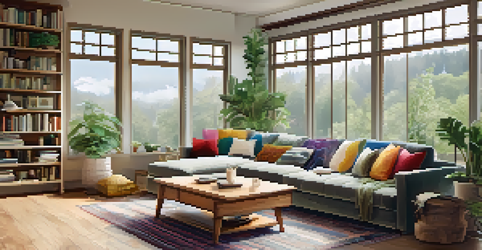 A modern living room with a plush sofa, plants, and a warm ambiance created by natural light.